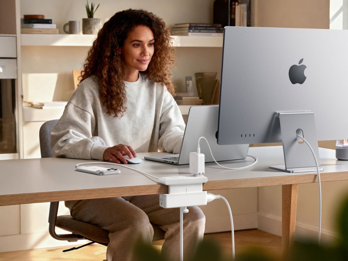 White version of Anker Nano Power Strip showing clean desk integration