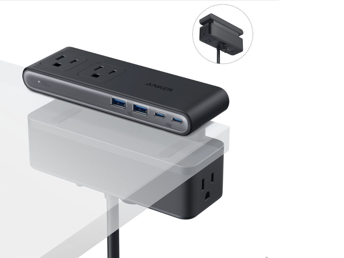 Anker Nano Power Strip 10-in-1 showing clamp mount design and multiple ports