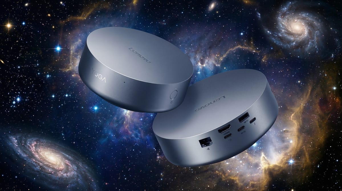 Lenovo Yoga Mini i compact desktop PC showing cylindrical aluminum design and port layout